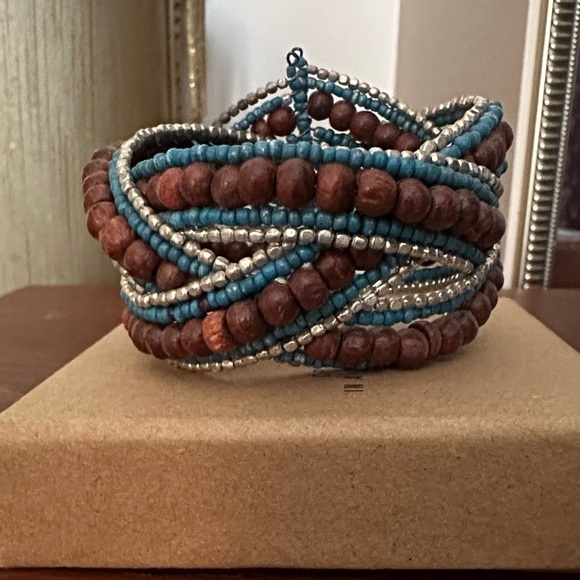 Chic Multistrand Beaded Bracelet - Silver, Blue, and Brown - Picture 1 of 3